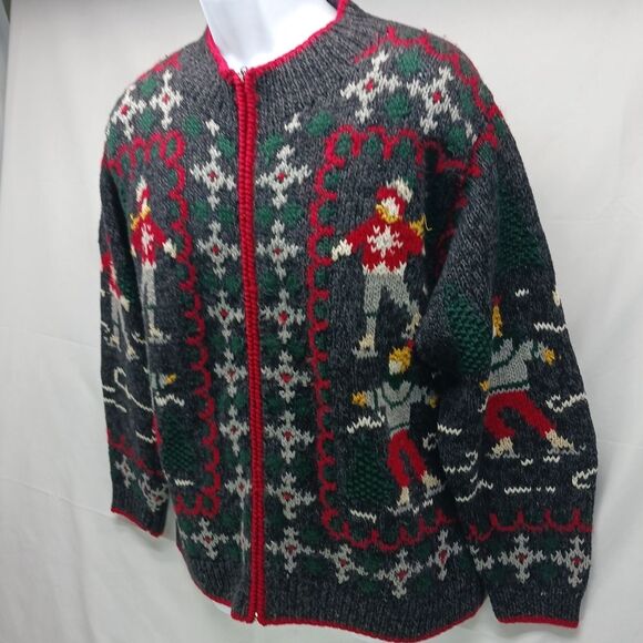 Eagle's Eye Skiers & Snoflake Zip-Up Knit Cardigan Unisex Vintage 90s XL Grey... - Picture 2 of 13